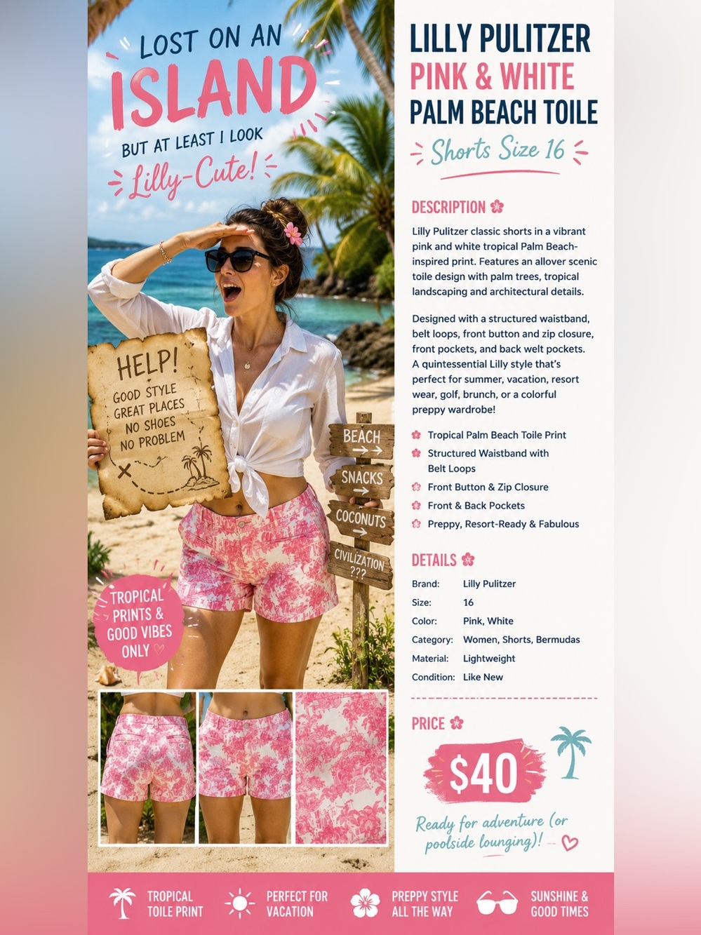 Lilly Pulitzer Pink White Palm Beach Toile Shorts Size 16 - Picture 1 of 3